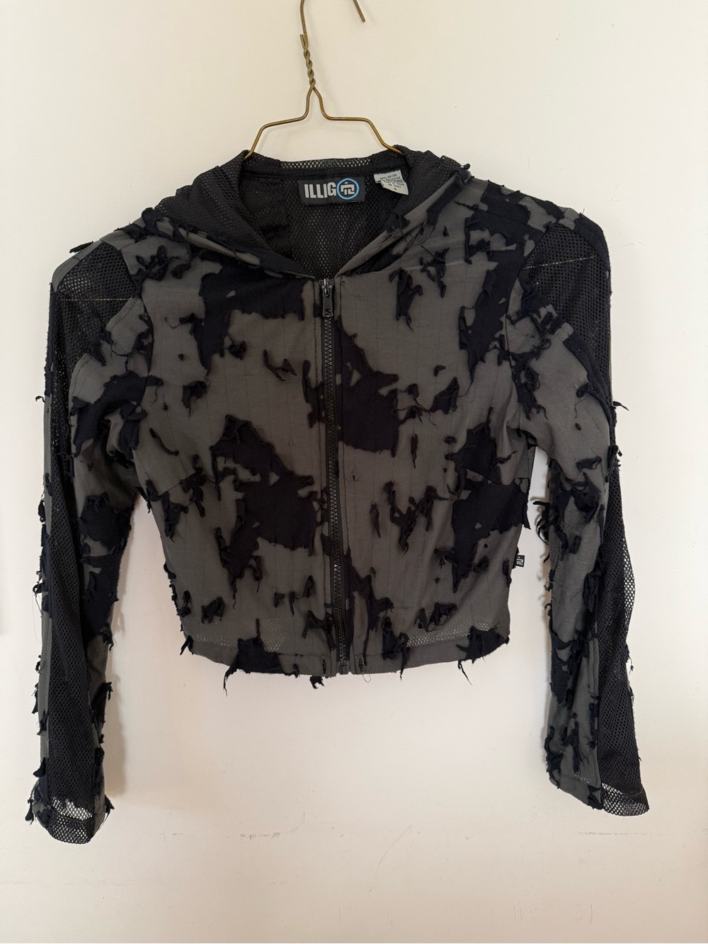 Illig Distressed Y2K VINTAGE 2001 Black & Olive Grey Mesh Zip Hoodie Jacket